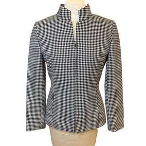 Tahari Full Zip Houndstooth Jacket Blazer Sz. 8 Stand Up Collar Career Professio